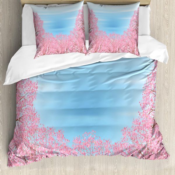 Abakuhaus Set Copripiumino Blu E Rosa Per Letti Singoli, Pinkish Blossom Trees, Antiacaro, Adatto A Chi Soffre Di Allergie, Con Federa, 200 Cm X 200 Cm - 80 X 80 Cm, Rosa Cielo Azzurro-image