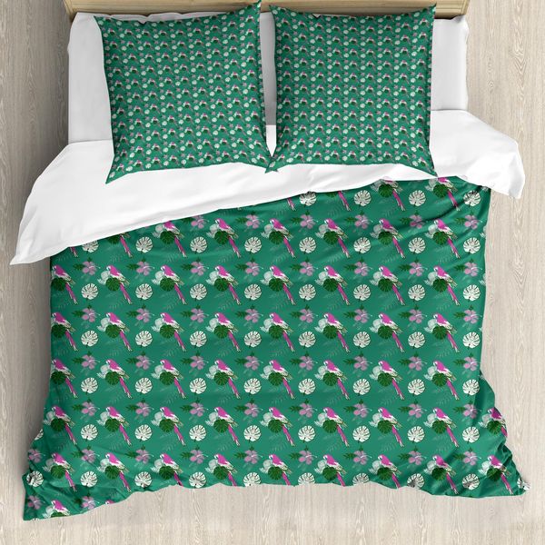 Abakuhaus Set Copripiumino Esotico Per Letti Singoli, Parrot E Monstera Leaves, Antiacaro, Adatto A Chi Soffre Di Allergie, Con Federa, 200 Cm X 200 Cm - 80 X 80 Cm, Verde Giada Fucsia-image