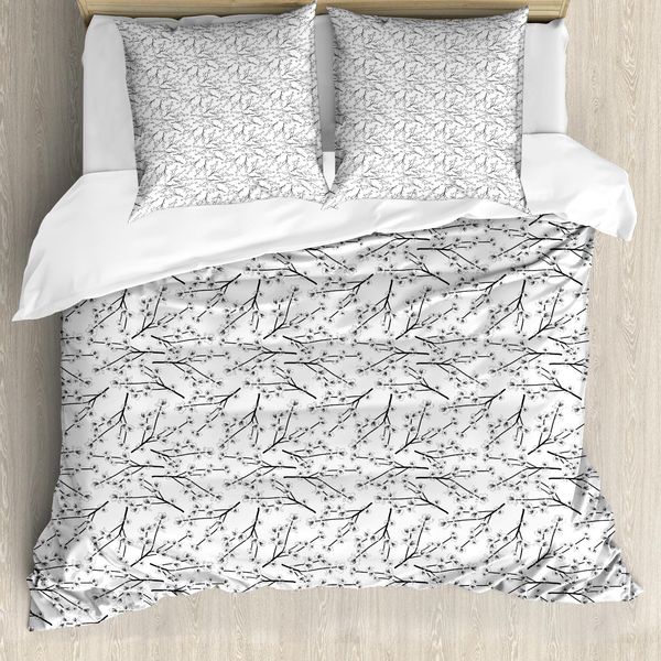Set Copripiumino Abakuhaus Per Letti Singoli, Cherry Blossom Branches, Antiacaro E Anallergico, Con Federa, 155 Cm X 220 Cm - 80 X 80 Cm, Grigio Antracite E Bianco-image