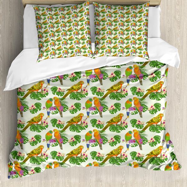 Abakuhaus Set Copripiumino Esotico Per Letti Singoli, Vivid Floral Papageien, Antiacaro, Adatto A Chi Soffre Di Allergie, Con Federa, 200 Cm X 200 Cm - 80 X 80 Cm, Avorio E Multicolore-image