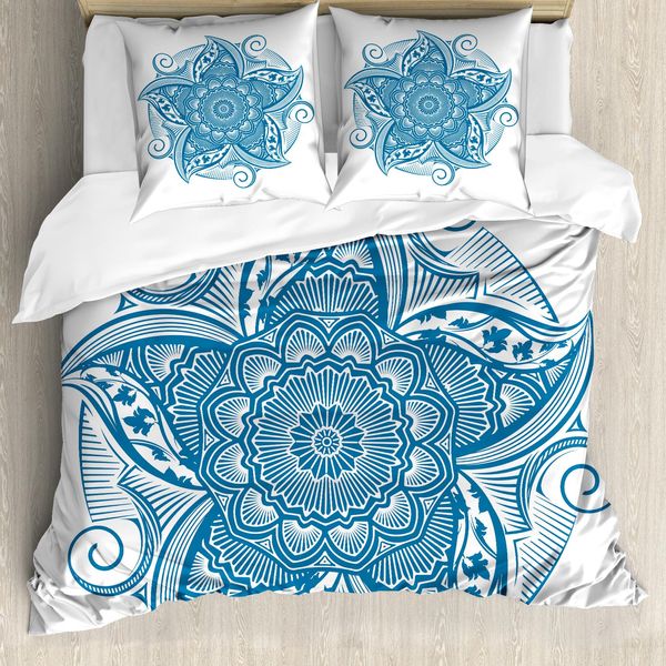 Abakuhaus Set Copripiumino Blu Mandala Per Letti Singoli, Wilde Zipfel Petals, Antiacaro, Adatto A Chi Soffre Di Allergie, Con Federa, 200 Cm X 200 Cm - 80 X 80 Cm, Blu Mare E Bianco-image