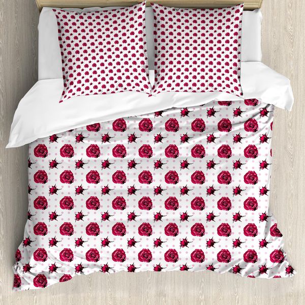 Abakuhaus Set Copripiumino Vintage Rosa Per Letti Singoli, Fiori A Pois, Antiacaro, Adatto A Chi Soffre Di Allergie, Con Federa, 200 Cm X 200 Cm - 80 X 80 Cm, Rosa Baby Lampone-image