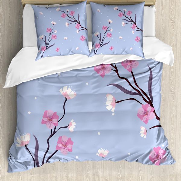 Abakuhaus Set Copripiumino Blu E Rosa Per Letti Singoli, Ramo Di Fiori Di Melo, Antiacaro, Adatto A Chi Soffre Di Allergie, Con Federa, 200 Cm X 200 Cm - 80 X 80 Cm, Ceil Blu Rosa-image