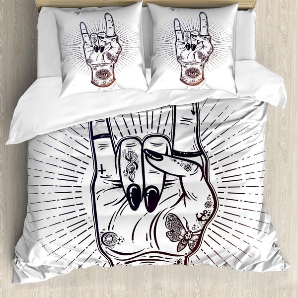 Abakuhaus Set Copripiumino Rock'n'Roll Per Letti Singoli, Mano Tatuata, Antiacaro, Adatto A Chi Soffre Di Allergie, Con Federa, 200 Cm X 200 Cm - 80 X 80 Cm, Rosso-Marrone Dark Purple-image