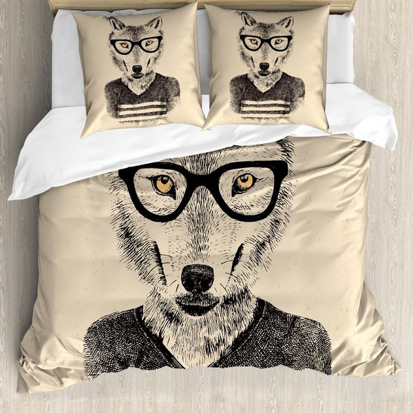 Set Copripiumino Abakuhaus Hipster Per Letti Singoli, Lupo E Occhiali Disegnati A Mano, Antiacaro, Adatto A Chi Soffre Di Allergie, Con Federa, 200 Cm X 200 Cm - 80 X 80 Cm, Beige Grigio Antracite-image
