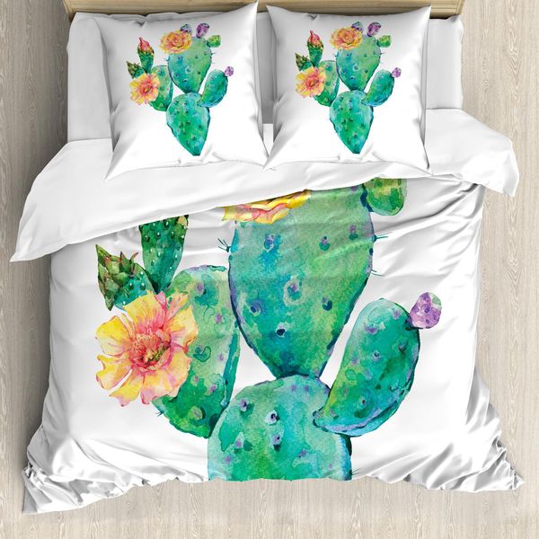 Abakuhaus Set Copripiumino Naturale Per Letti Singoli, Cactus Con Fiori, Antiacaro, Adatto A Chi Soffre Di Allergie, Con Federa, 155 Cm X 220 Cm - 80 X 80 Cm, Multicolore-image