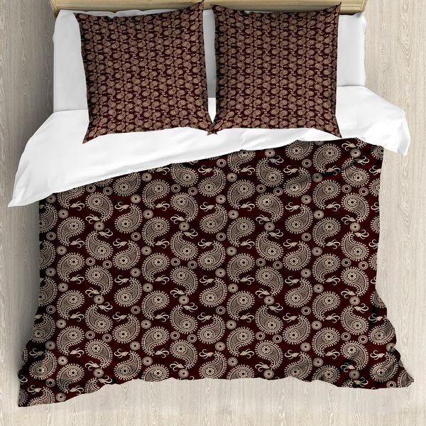 Abakuhaus Set Copripiumino Marrone Paisley Per Letti Singoli, Damasco Orientale, Antiacaro, Adatto A Chi Soffre Di Allergie, Con Federa, 200 Cm X 200 Cm - 80 X 80 Cm, Marrone Castagna Guscio D'uovo-image
