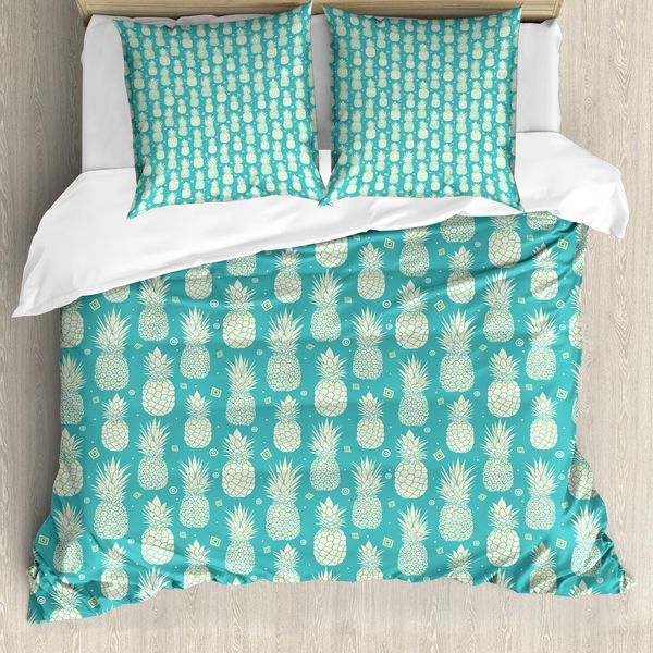 Abakuhaus Set Copripiumino Per Letto Singolo Ananas, Motivo Astratto Con Frutta Estiva, Antiacaro E Anallergico, Con Federa, 155 Cm X 220 Cm - 80 X 80 Cm, Giallo Pallido Turchese-image
