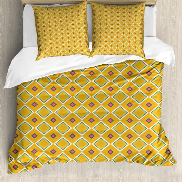Abakuhaus Set Copripiumino Geometrico A Rombi Per Letti Singoli, Simmetria Colorata, Antiacaro, Adatto A Chi Soffre Di Allergie, Con Federa, 200 Cm X 200 Cm - 80 X 80 Cm, Giallo Terra Seafoam-image