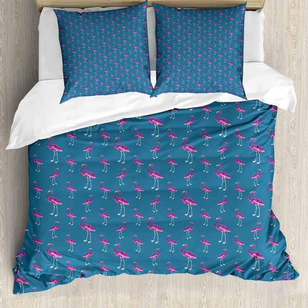 Abakuhaus Set Copripiumino Blu E Rosa Per Letti Singoli, Fenicotteri Esotici, Antiacaro, Adatto A Chi Soffre Di Allergie, Con Federa, 200 Cm X 200 Cm - 80 X 80 Cm, Turchese Scuro Rosa-image