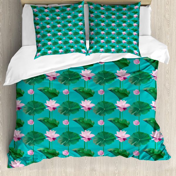 Abakuhaus Set Copripiumino Blu E Rosa Per Letti Singoli, Foglie Di Loto, Antiacaro, Adatto A Chi Soffre Di Allergie, Con Federa, 155 Cm X 220 Cm - 80 X 80 Cm, Verde-Rosa Baby-image
