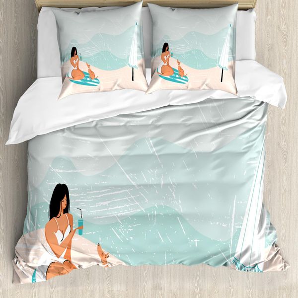 Abakuhaus Set Copripiumino Con Motivo Grafico Per Letti Singoli, Ragazza E Cane Sulla Costa, Antiacaro, Adatto A Chi Soffre Di Allergie, Con Federa, 200 Cm X 200 Cm - 80 X 80 Cm, Multicolore-image
