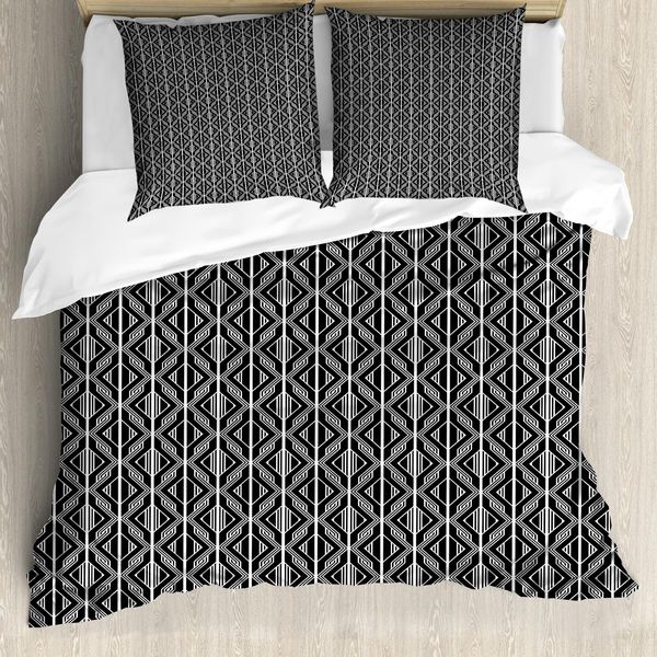 Abakuhaus Set Copripiumino Geometrico A Rombi Per Letti Singoli, Linee E Zigzag, Antiacaro, Adatto A Chi Soffre Di Allergie, Con Federa, 155 Cm X 220 Cm - 80 X 80 Cm, Grigio Antracite Bianco-image