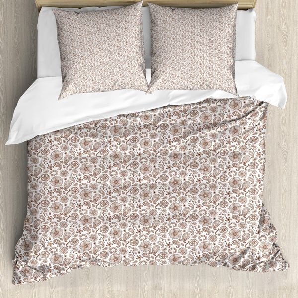 Abakuhaus Set Copripiumino Marrone Paisley Per Letti Singoli, Motivi Floreali Antichi, Antiacaro E Anallergico Con Federa, 200 Cm X 200 Cm - 80 X 80 Cm, Cioccolato E Bianco-image