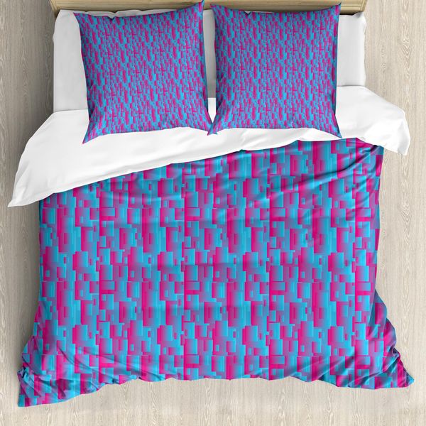 Abakuhaus Set Copripiumino Blu E Rosa Per Letti Singoli, Moderno Quadrato, Antiacaro, Adatto A Chi Soffre Di Allergie, Con Federa, 155 Cm X 220 Cm - 80 X 80 Cm, Rosa Shocking E Azzurro Cielo-image