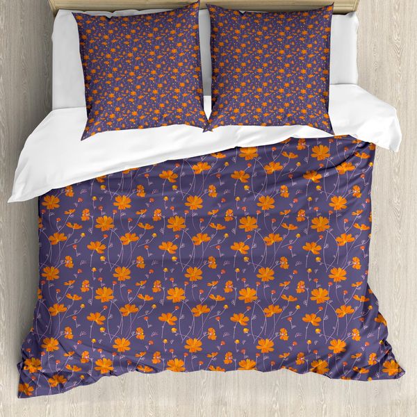 Abakuhaus Set Copripiumino Arancione Bruciato Per Letti Singoli, Fiori Thin Aehrenstiele, Antiacaro, Adatto A Chi Soffre Di Allergie, Con Federa, 200 Cm X 200 Cm - 80 X 80 Cm, Dark Indigo Marigold-image