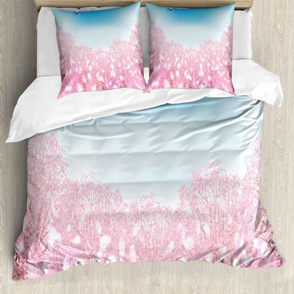 Abakuhaus Set Copripiumino Blu E Rosa Per Letti Singoli, Motivo Fiori Di Ciliegio, Antiacaro, Adatto A Chi Soffre Di Allergie, Con Federa, 200 Cm X 200 Cm - 80 X 80 Cm, Rosa Confetto E Azzurro Pallido-image
