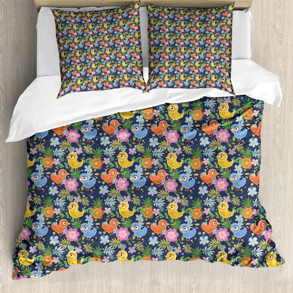 Abakuhaus Set Copripiumino Per Letti Singoli, Avian Fiori Primaverili, Antiacaro Adatto A Chi Soffre Di Allergie Con Federa, 155 Cm X 220 Cm - 80 X 80 Cm, Dark Indigo Multicolor-image