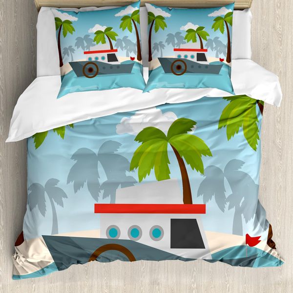 Abakuhaus Set Copripiumino Grafico Per Letti Singoli, Cartoon Boat Palms, Antiacaro, Adatto A Chi Soffre Di Allergie, Con Federa, 200 Cm X 200 Cm - 80 X 80 Cm, Multicolore-image