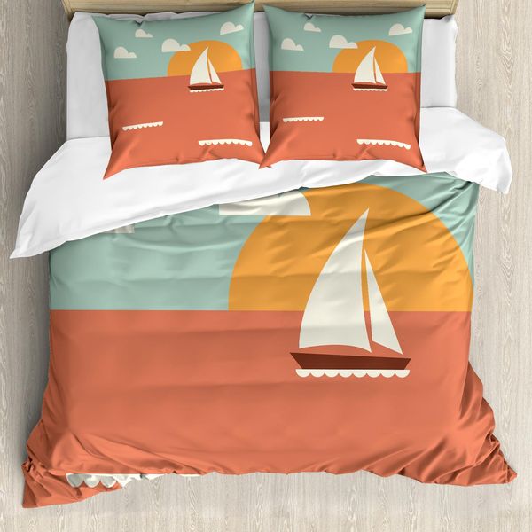 Abakuhaus Set Copripiumino Con Motivo Grafico Per Letti Singoli, Barca A Vela Dawning Sun, Antiacaro, Adatto A Chi Soffre Di Allergie, Con Federa, 155 Cm X 220 Cm - 80 X 80 Cm, Coral Seafoam-image