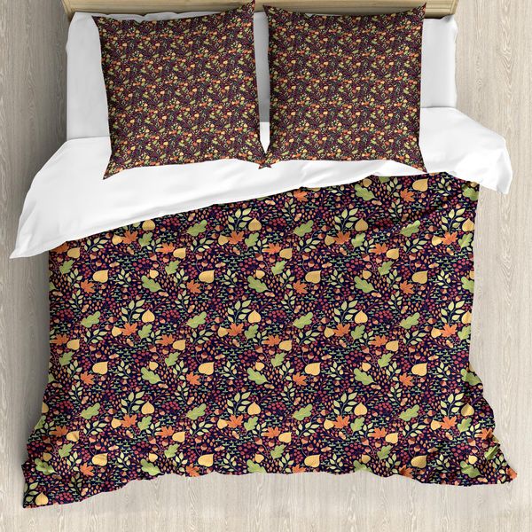 Set Copripiumino Naturale Abakuhaus Per Letti Singoli, Foglie, Ghiande E Bacche, Antiacaro, Adatto A Chi Soffre Di Allergie, Con Federa, 155 Cm X 220 Cm - 80 X 80 Cm, Indaco E Multicolore-image