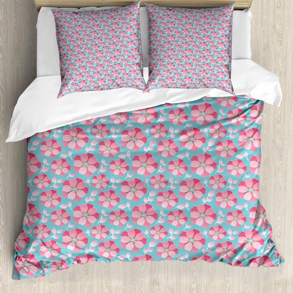 Abakuhaus Set Copripiumino Blu E Rosa Per Letti Singoli, Motivo Petals, Antiacaro, Adatto A Chi Soffre Di Allergie, Con Federa, 200 Cm X 200 Cm - 80 X 80 Cm, Blu Mare E Rosa-image