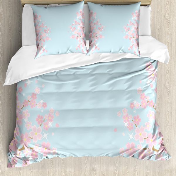 Abakuhaus Set Copripiumino Blu E Rosa Per Letti Singoli, Motivi Floreali Bloom, Antiacaro, Adatto A Chi Soffre Di Allergie, Con Federa, 200 Cm X 200 Cm - 80 X 80 Cm, Azzurro E Rosa Confetto-image