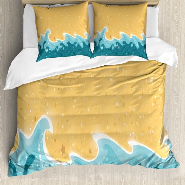 Abakuhaus Set Copripiumino Con Motivo Grafico Per Letti Singoli, Grange Waves Sterne, Antiacaro, Adatto A Chi Soffre Di Allergie, Con Federa, 200 Cm X 200 Cm - 80 X 80 Cm, Senape Benzina Blu-image