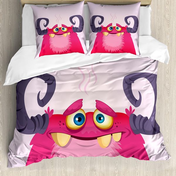 Abakuhaus Set Copripiumino Colorato Per Letti Singoli, Mostro Felice Con Corna, Antiacaro, Adatto A Chi Soffre Di Allergie, Con Federa, 155 Cm X 220 Cm - 80 X 80 Cm, Pale Mauve Multicolor-image