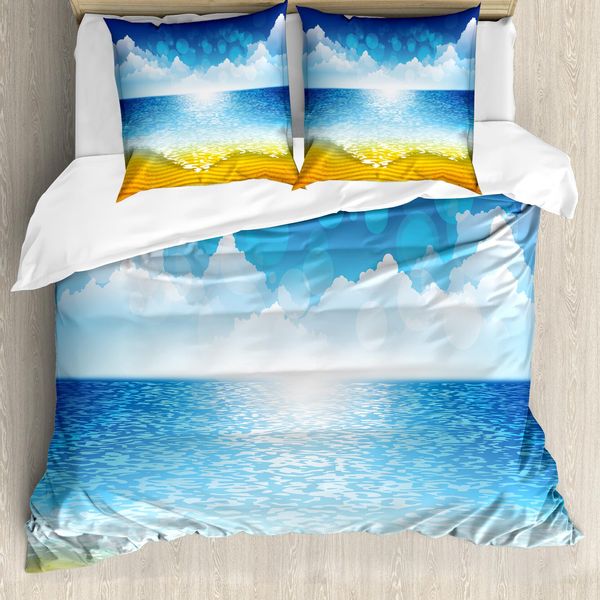 Abakuhaus Set Copripiumino Grafico Per Letti Singoli, Seehorizont , Antiacaro, Adatto A Chi Soffre Di Allergie, Con Federa, 200 Cm X 200 Cm - 80 X 80 Cm, Blu Persiano Arancione-image