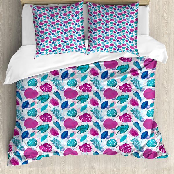 Abakuhaus Set Copripiumino Blu E Rosa Per Letti Singoli, Foglie Tropicali Rotonde, Antiacaro, Adatto A Chi Soffre Di Allergie, Con Federa, 155 Cm X 220 Cm - 80 X 80 Cm, Multicolore-image