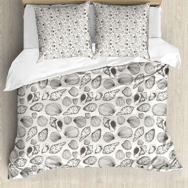 Abakuhaus Set Copripiumino Nautico Per Letti Singoli, Disegno Conchiglie, Antiacaro, Adatto A Chi Soffre Di Allergie, Con Federa, 200 Cm X 200 Cm - 80 X 80 Cm, Grigio Avorio-image