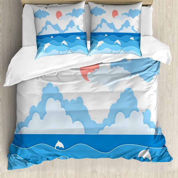 Abakuhaus Set Copripiumino Con Motivo Grafico Per Letti Singoli, Seascape Art Dolphins, Antiacaro, Adatto A Chi Soffre Di Allergie, Con Federa, 200 Cm X 200 Cm - 80 X 80 Cm, Multicolore-image