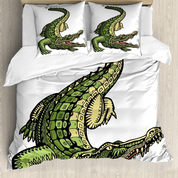 Abakuhaus Set Copripiumino Per Letto Singolo Con Motivo Coccodrillo, Alligatore Dettagliato, Antiacaro, Adatto A Chi Soffre Di Allergie, Con Federa, 200 Cm X 200 Cm - 80 X 80 Cm, Crema Verde Lime Bianco-image