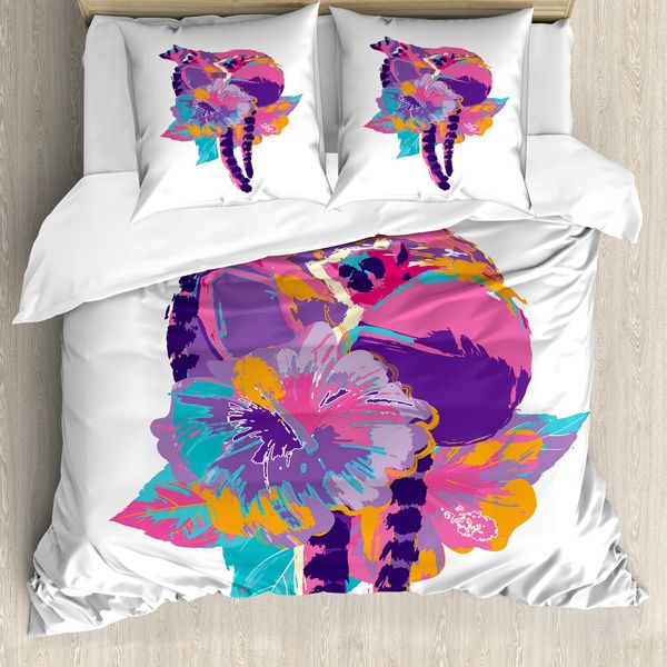 Abakuhaus Set Copripiumino Per Letti Singoli, Abstract Madagascar Monkey, Antiacaro, Adatto A Chi Soffre Di Allergie, Con Federa, 155 Cm X 220 Cm - 80 X 80 Cm, Rosa Viola-image