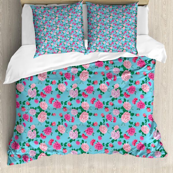 Abakuhaus Set Copripiumino Vintage Rosa Per Letti Singoli, Motivo Floreale, Antiacaro, Adatto A Chi Soffre Di Allergie, Con Federa, 200 Cm X 200 Cm - 80 X 80 Cm, Rosa Acquamarina-image