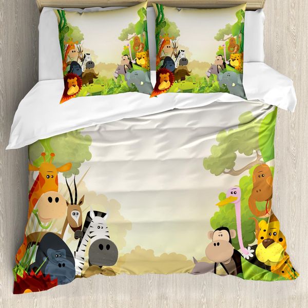 Abakuhaus Set Copripiumino Per Letto Singolo, Animali Della Foresta, Antiacaro, Adatto A Chi Soffre Di Allergie, Con Federa, 200 Cm X 200 Cm - 80 X 80 Cm, Verde Lime Multicolore-image