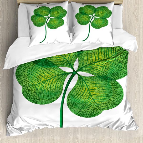 Abakuhaus Set Copripiumino A Trifoglio Per Letti Singoli, Dettagliato 4 Leaf Shamrock, Antiacaro, Adatto A Chi Soffre Di Allergie, Con Federa, 155 Cm X 220 Cm - 80 X 80 Cm, Verde Felce, Giallo, Verde-image