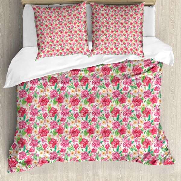 Abakuhaus Set Copripiumino Per Letto Singolo, Fiori Tropicali Estivi, Antiacaro, Adatto A Chi Soffre Di Allergie, Con Federa, 155 Cm X 220 Cm - 80 X 80 Cm, Rosa Giada-Verde-Bianco-image