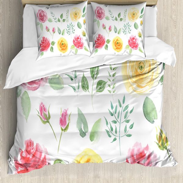 Abakuhaus Set Copripiumino Vintage Rose Per Letti Singoli, Disegno Floreale Acquerellato, Antiacaro E Anallergico Con Federa, 155 Cm X 220 Cm - 80 X 80 Cm, Multicolore-image