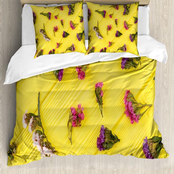 Abakuhaus Set Copripiumino Naturale Per Letti Singoli, Delicati Fiori Primaverili, Antiacaro, Adatto A Chi Soffre Di Allergie, Con Federa, 155 Cm X 220 Cm - 80 X 80 Cm, Giallo Pastello Multicolore-image