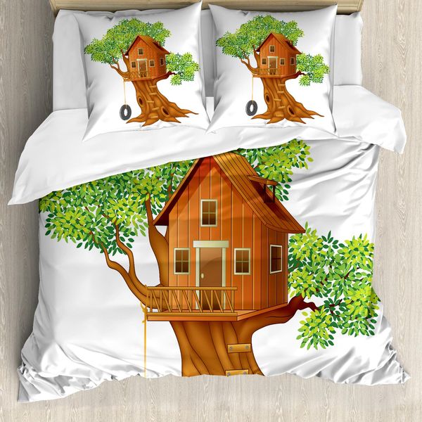 Abakuhaus Set Copripiumino Per Letto Singolo, Casetta Sull'albero Su Pali, Antiacaro, Adatto A Chi Soffre Di Allergie, Con Federa, 200 Cm X 200 Cm - 80 X 80 Cm, Pale Caramel Verde Lime-image