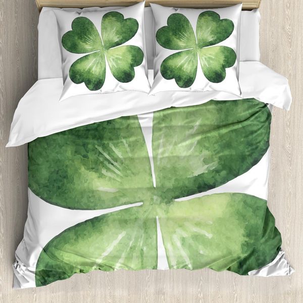 Abakuhaus Set Copripiumino A Quadrifoglio Per Letti Singoli, Acquerello Shamrock Leaf Art, Antiacaro, Adatto A Chi Soffre Di Allergie, Con Federa, 155 Cm X 220 Cm - 80 X 80 Cm, Verde Reseda-image