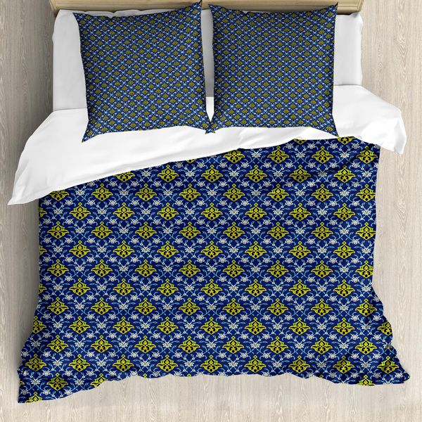 Abakuhaus Set Copripiumino Antico Orientale Per Letti Singoli, Motivi Folk Scuri, Antiacaro, Adatto A Chi Soffre Di Allergie, Con Federa, 155 Cm X 220 Cm - 80 X 80 Cm, Giallo Cielo Blu Intenso-image