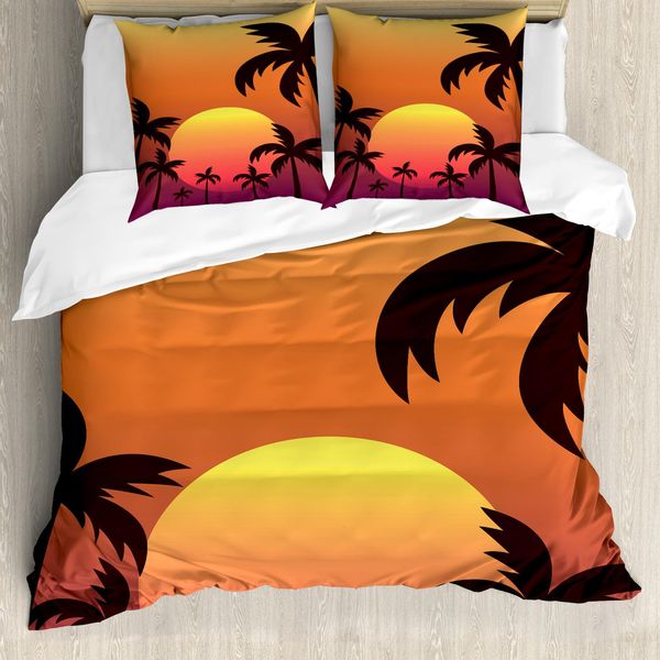 Abakuhaus Set Copripiumino Con Motivo Grafico Per Letti Singoli, Tramonto Con Palme, Antiacaro, Adatto A Chi Soffre Di Allergie, Con Federa, 200 Cm X 200 Cm - 80 X 80 Cm, Multicolore-image