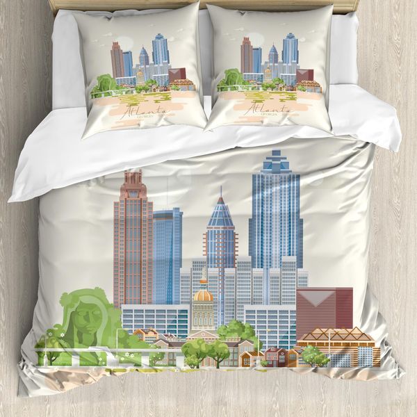 Abakuhaus Georgia Set Copripiumino Per Letti Singoli, Grafica Con Silhouette Della Città, Antiacaro, Adatto A Chi Soffre Di Allergie, Con Federa, 200 Cm X 200 Cm - 80 X 80 Cm, Avorio Multicolore-image