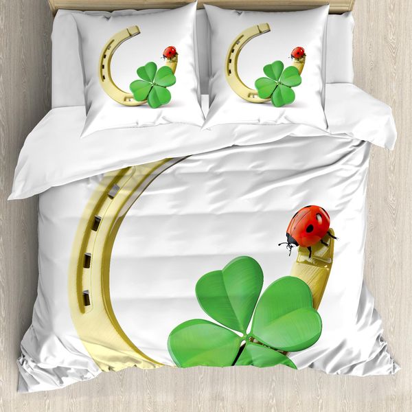 Abakuhaus Set Copripiumino A Quadrifoglio Per Letti Singoli, Horseshoe Ladybug Shamrock, Antiacaro, Adatto A Chi Soffre Di Allergie, Con Federa, 155 Cm X 220 Cm - 80 X 80 Cm, Grigio Giallo Vermiglio-image