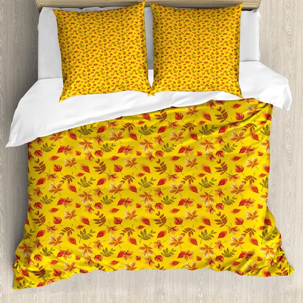 Abakuhaus Set Copripiumino Arancione Bruciato Per Letti Singoli, Motivo Foglie Autunnali, Antiacaro, Adatto A Chi Soffre Di Allergie, Con Federa, 200 Cm X 200 Cm - 80 X 80 Cm, Senape E Multicolore-image