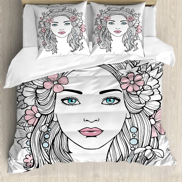 Abakuhaus Set Copripiumino Astratto Per Letto Singolo, Disegno Floreale Femminile, Antiacaro E Anallergico Con Federa, 155 Cm X 220 Cm - 80 X 80 Cm, Rosa Pallido E Grigio-image