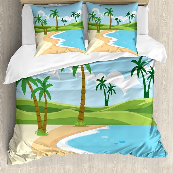 Abakuhaus Set Copripiumino Con Motivo Grafico Per Letti Singoli, Costa Con Erba E Palme, Antiacaro, Adatto A Chi Soffre Di Allergie, Con Federa, 200 Cm X 200 Cm - 80 X 80 Cm, Multicolore-image